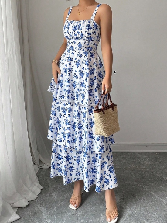 Dresses & Skirts - Boho Floral Print Layered Ruffle Hem Cut out Maxi Dress